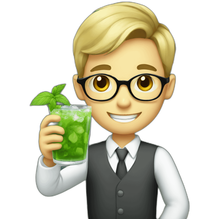 young boy teacher with blackboard drinking mojito emoji