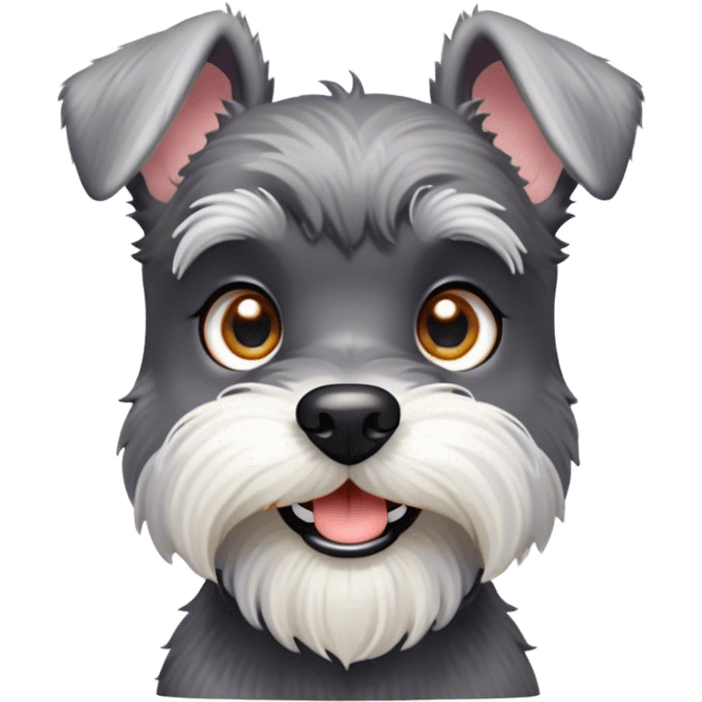 Cinematic Cute Miniature Schnauzer Portrait Emoji, Head cheerfully cocked with expressive, twinkling eyes and a neatly trimmed, adorable salt-and-pepper fur, simplified yet endearingly detailed, glowing with a bright, friendly radiance, high shine, exuding smart and spunky charm, styled with a delicate, whimsical outline, capturing the essence of a cute Miniature Schnauzer that appears ready to scamper off the screen with delightful energy! emoji