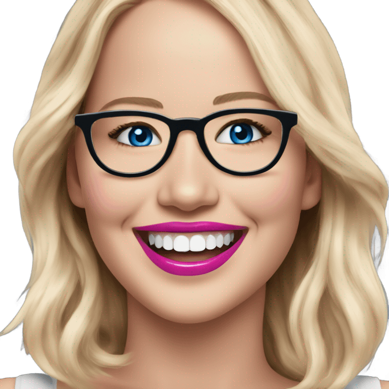 Happy laughing Jennifer Lawrence,  blue eyes wearing glasses and pink lipstick  emoji