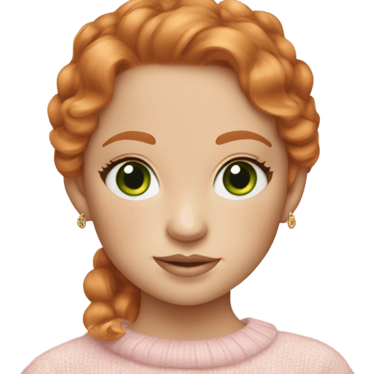 please make a ginger girl with freckles and green eyes with long eyelashes, wearing gold designer earrings and a ralph lauren jumper in baby pink  emoji