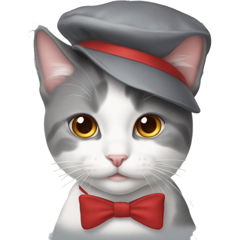 Gray and white cat with a red beret and white bowtie emoji