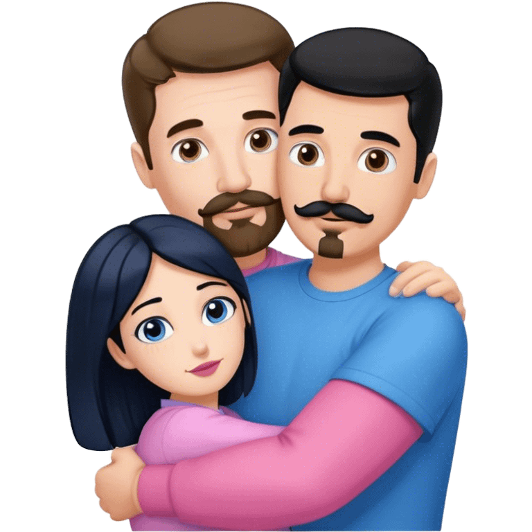 Tall white man with brown mustache goatee wearing blue hugging a short pale woman with long black hair wearing pink emoji