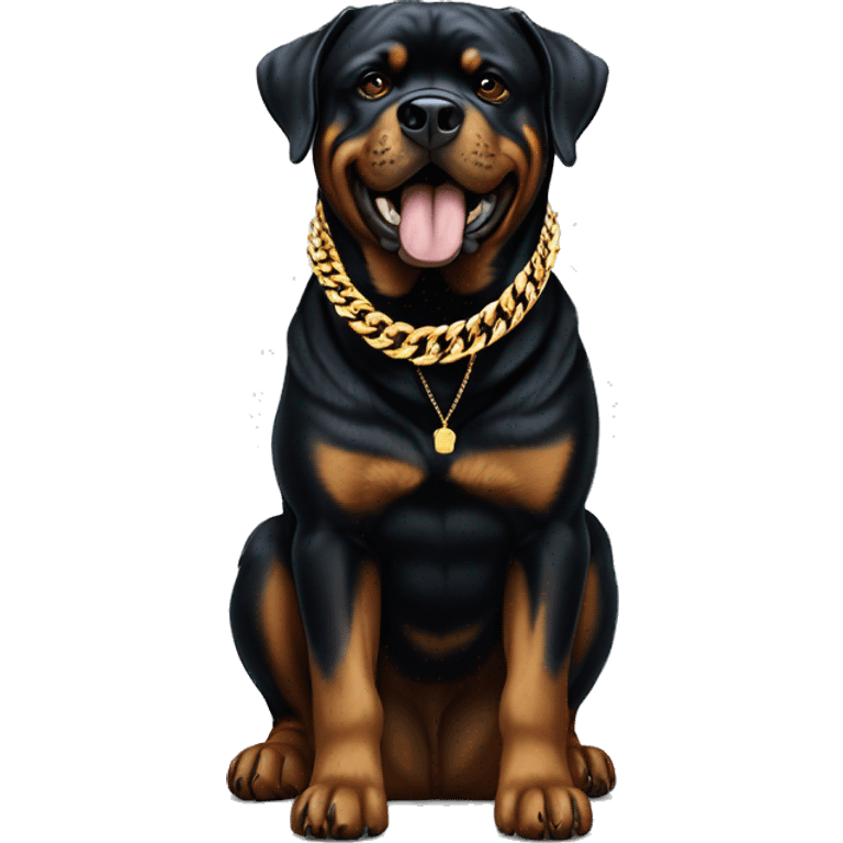 A Rottweiler with a gold chain that says “Biggie” and gold grillz  emoji