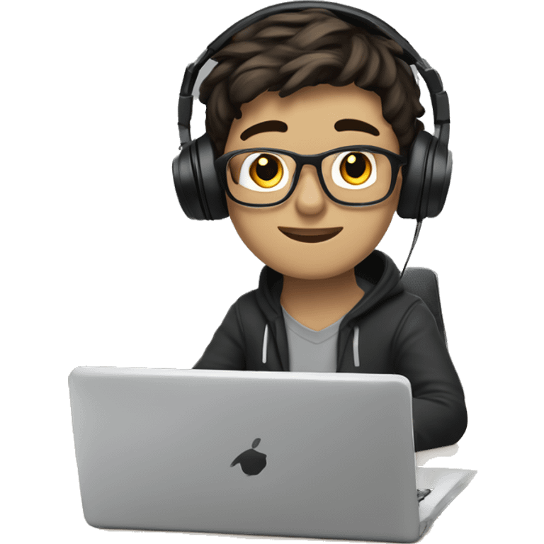 white boy with dark hair and glasses wearing gaming headset and sitting at desk on desktop computer   emoji