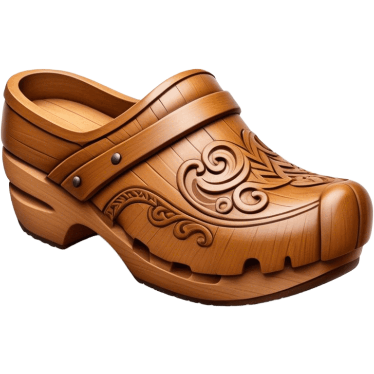 Cinematic Realistic Wooden Clogs Emoji, depicted as a pair of traditionally carved wooden clogs with intricate details and rustic charm. emoji