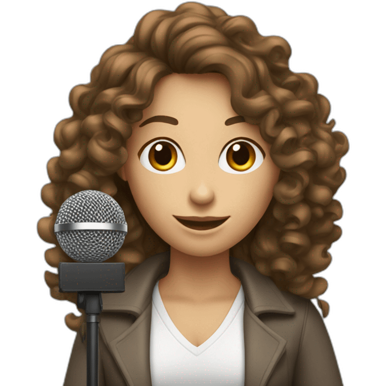 curly dark long hair caucasian woman with podcast microphone emoji