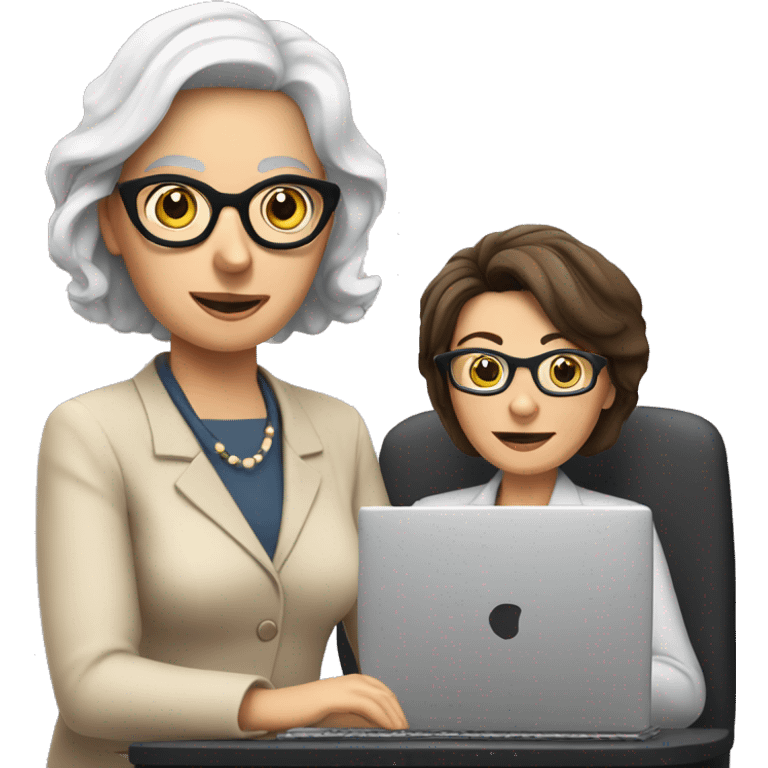 Brunette with glasses coaching old woman on computer emoji