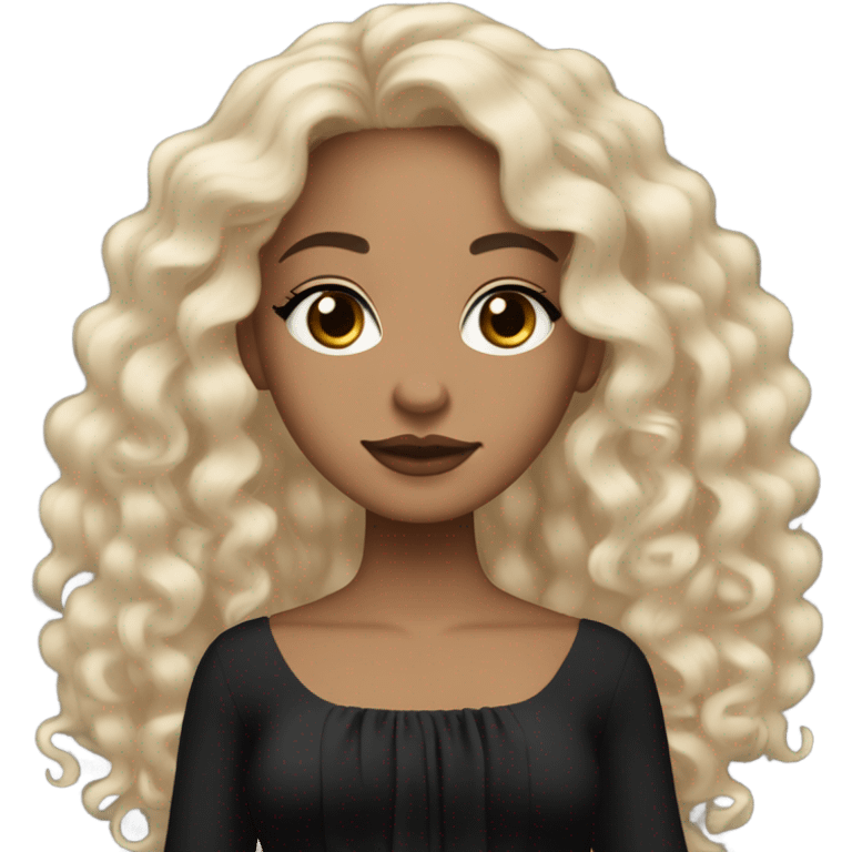 Light skin girl with black very long curly hair, brown eyes, black Chanel dress emoji