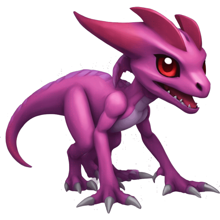 Chibi-Anthro Mauve-maroon-red-colored edgy anthro-genesect-velociraptor-scalie-sona-Fakémon-hybrid with a purple-pink mane on head and back and horns full body emoji