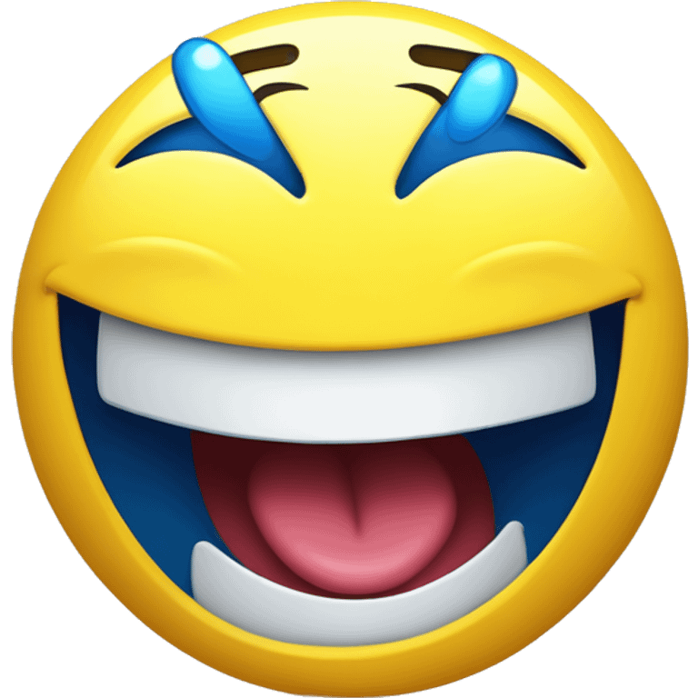 A 3D cartoon emoji of a yellow face laughing hysterically, tilted sideways, with closed 'V'-shaped eyes, a wide open smile, and blue tears of joy, in a bright and glossy style. emoji