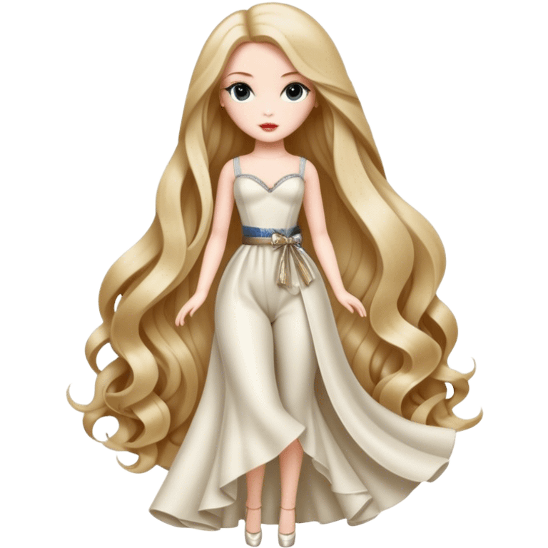 A fashion doll with long hair, stylish clothes, and a glamorous appearance, symbolizing beauty and fashion emoji