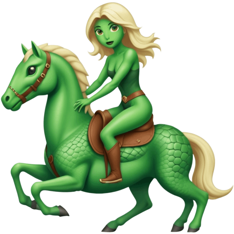 reptilian alien green woman, rides blonde horse
 emoji