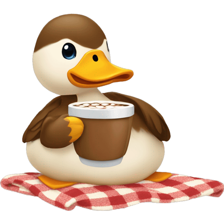 Duck with a cup of hot cocoa and a blanket around the ducks body emoji