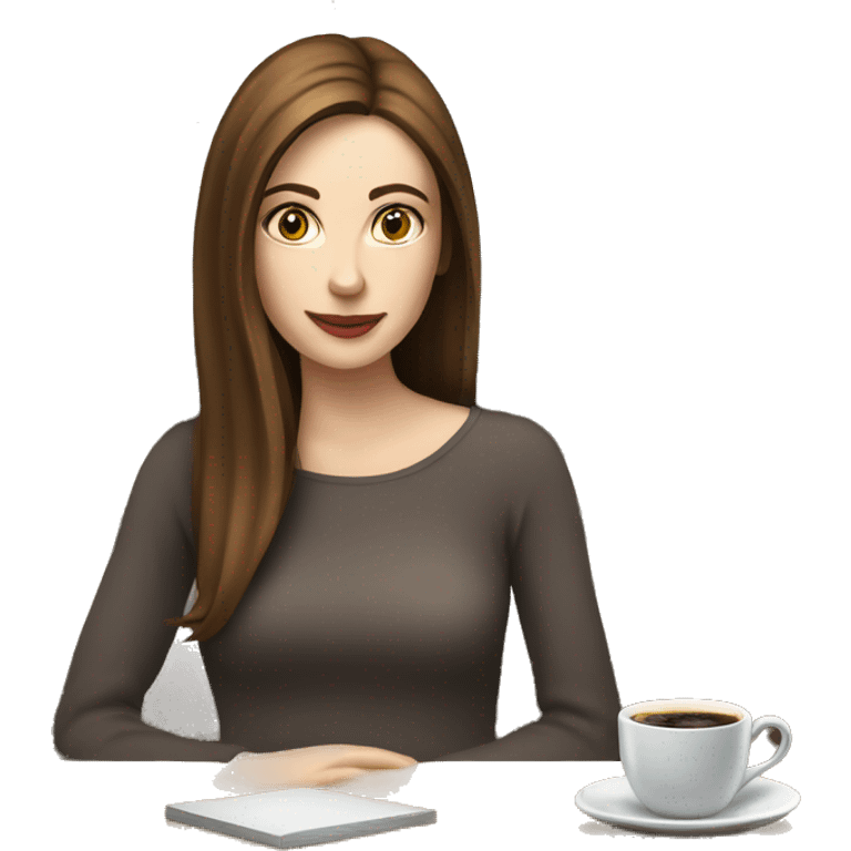 Side view realistic posh brown straight haired pale woman sits at the coffee table emoji