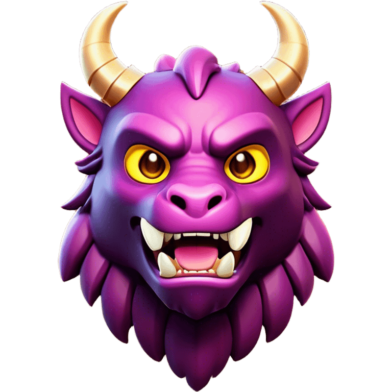 Clash of Clans aesthetic: Cinematic Playful Beast Emoji, rendered in a 3D vector-style similar to standard emojis with minimal shading and bold, simplified shapes. A compact, isometric mythical creature with wild, majestic features and fierce yet endearing eyes, softly glowing with a primal enchanted charm. Simplified yet unmistakably iconic, highly detailed and consistent, glowing with a soft radiant shine and high polish. Stylized with a touch of mythical wildness and a soft glowing outline, capturing the essence of a legendary beast with a friendly, playful allure! emoji