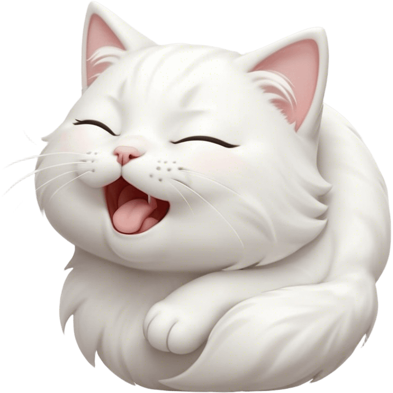 Cinematic Cute Yawning White Cat Portrait Emoji, Head gently tilted with an endearing, wide-open yawn and softly closed eyes, showcasing a pristine white fur with delicate hints of silver, simplified yet irresistibly adorable, highly detailed, glowing with a tender, cozy radiance, high shine, exuding sleepy charm and gentle affection, styled with a soft glowing outline, capturing the essence of a white cat caught mid-yawn, radiating pure, adorable lethargy! emoji