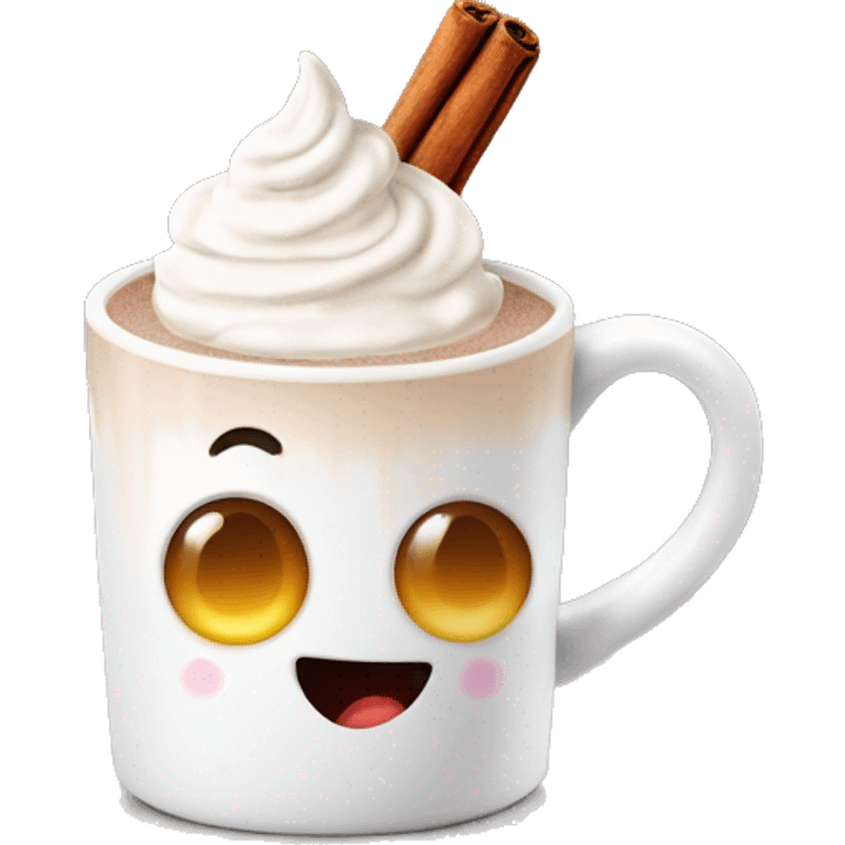 white mug of hot chocolate with whipped cream and cinnamon emoji