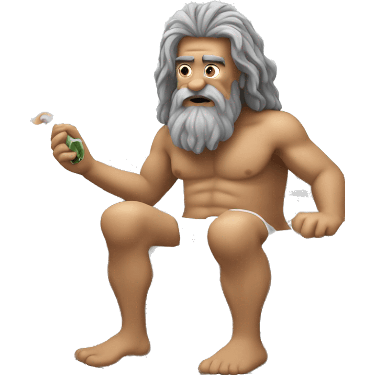 Caveman with long gray hair and a gray goatee sitting in a jacuzzi tub and smoking a joint emoji