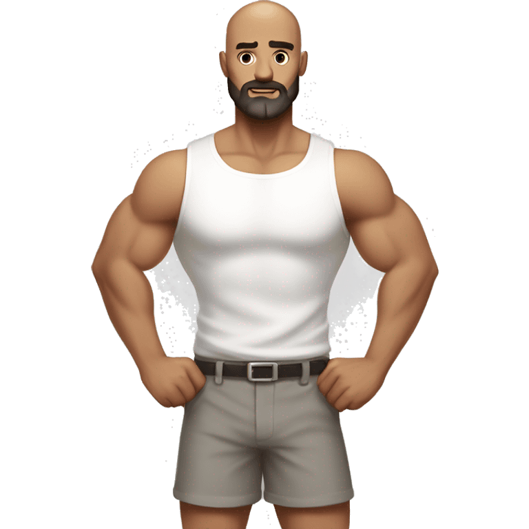 Man flexing muscles in a white shirt and grey shorts, bald, brown beard emoji