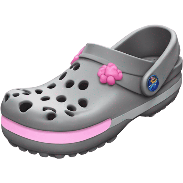 Grey Crocs with pink jibbitz emoji