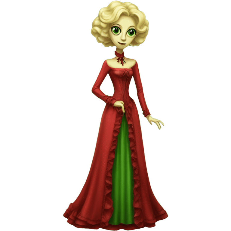 "green blonde alien woman" in red Victorian dress elegant, full body emoji