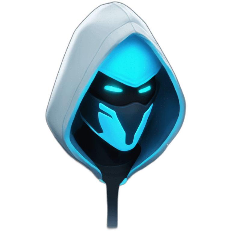 developer behind his laptop with this style : Riot Games Valorant neon blue eyes glowing bright blue character blue black hooded assassin themed character emoji