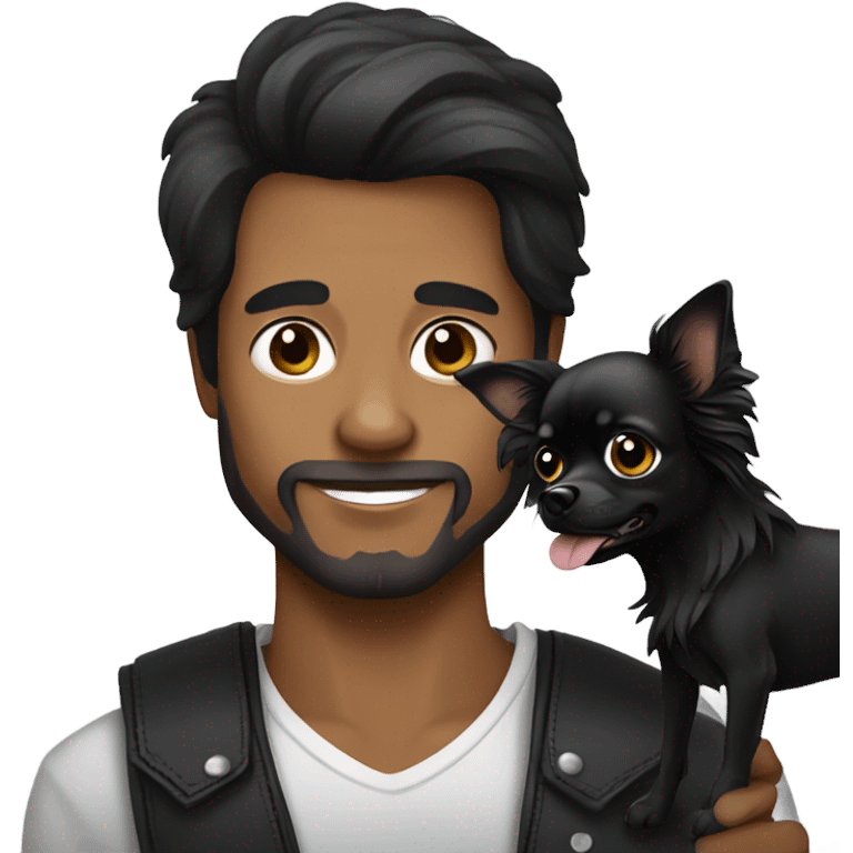 Handsome man holding all black long haired chihuahua emoji