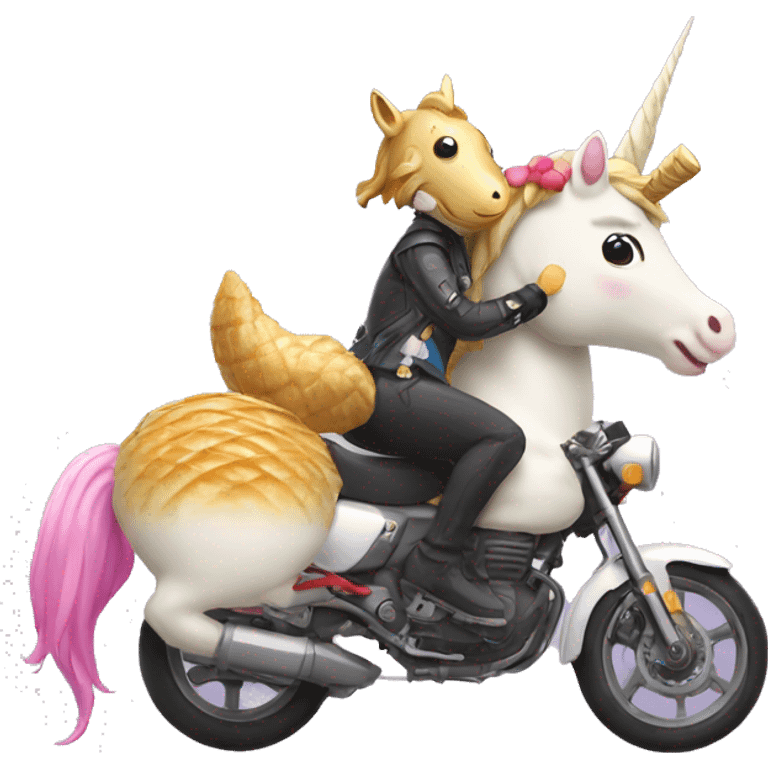 unicorn eating taiyaki while riding motorbike emoji