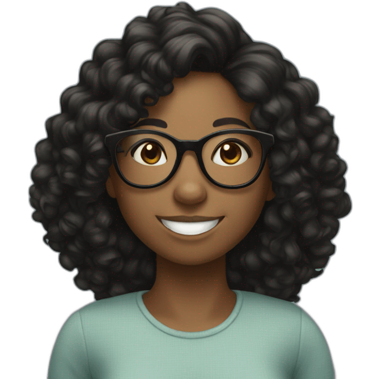 smiling black girl with long black curly hair and round glasses emoji