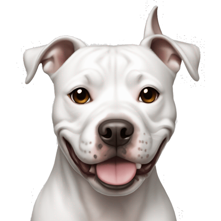 Smiling White American Staffordshire terrier with light gray/brown patches by only her left ear and blue eyes emoji