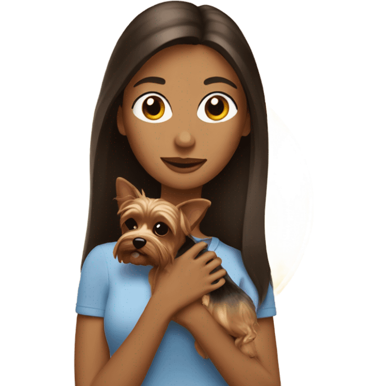 Brunette woman holding yorkie in sunlight emoji