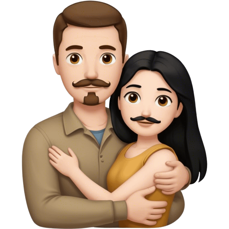 Couple, Tall strong white man with brown hair mustache and goatee, hugging small pale woman long with black hair emoji