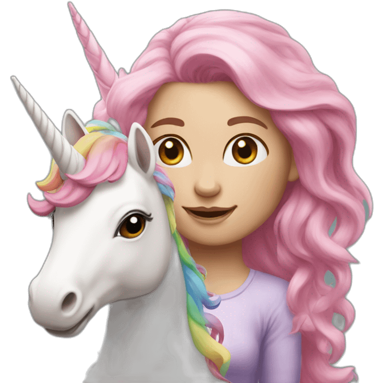 White Girl with pink hair riding a rainbow unicorn emoji