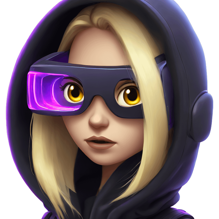 Russian cute blond girl wearing black hoody with violet letters "OMG", in vr headset. Cyberpunk style. Violet neon. emoji