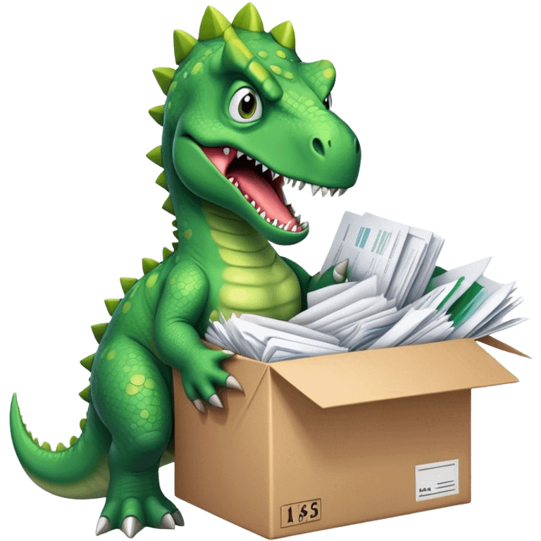 angry office dinosaur holding a huge boxe bursting with a lot of documents and papers emoji