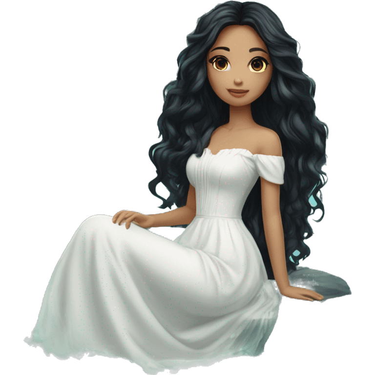 Pretty young Lady doll posing posed pose with long black hair flowers in hair white dress surrounded by flowing water emoji