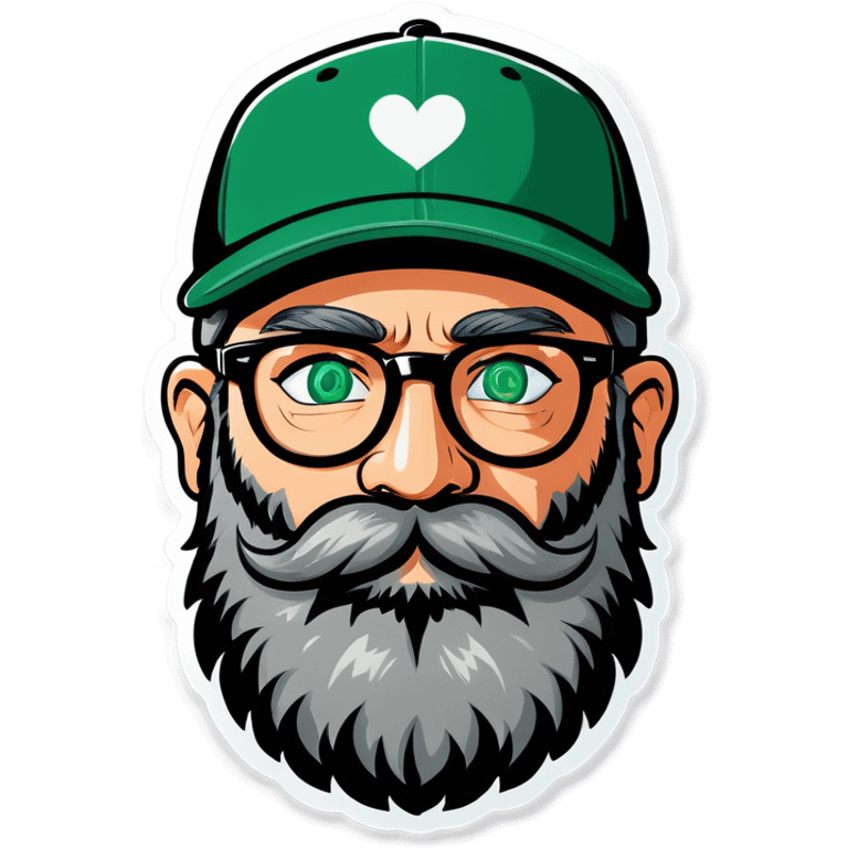 A bold man with a grey baseball cap, green eyes, big beard and glasses with hearts in his eyes emoji