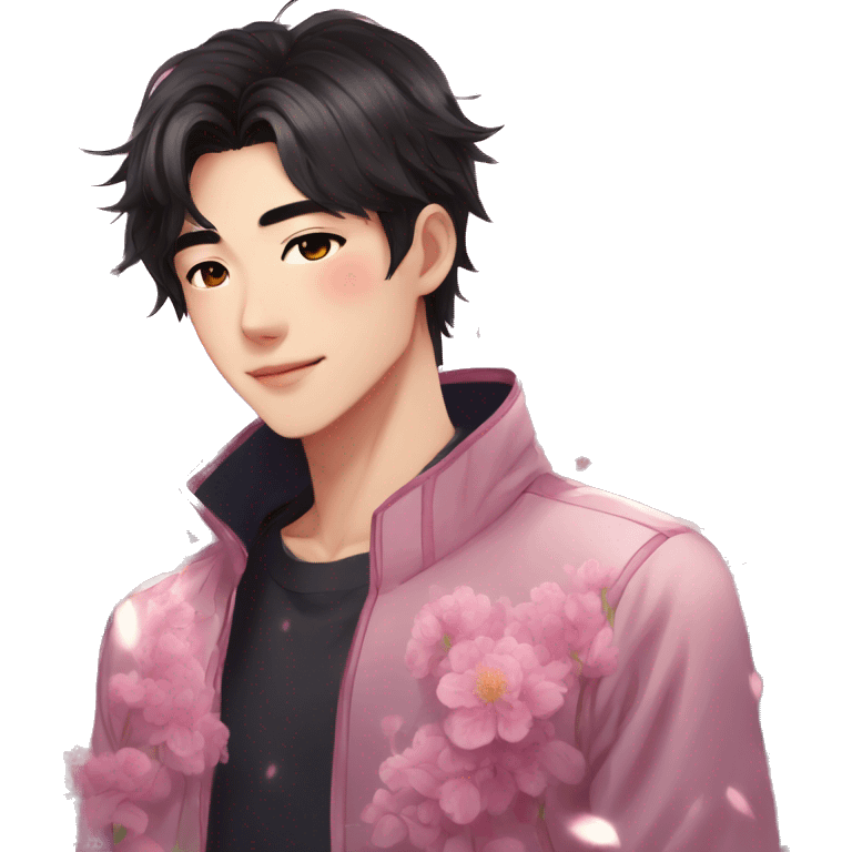 Gorgeous bright sparkly romantic Asian anime style guy with blushing face and flowers aesthetic trending style outside emoji