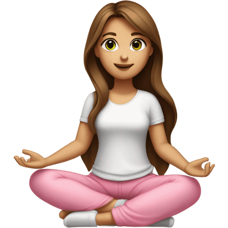 A girl with brown long hair, fair skin and green eyes is sitting in a lotus position in a white top and pink skirts emoji