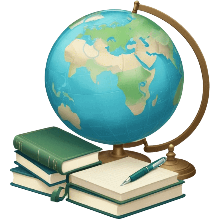 Create an emoji representing language translation. The design should feature just one globe in the background, symbolizing international communication. In front of the globe, place two books or sheets of paper with texs on them and a pen nearby to indicate the act of writing. Use a clean and professional color palette with blues, greens, and neutral tones. Make the background transparent. emoji