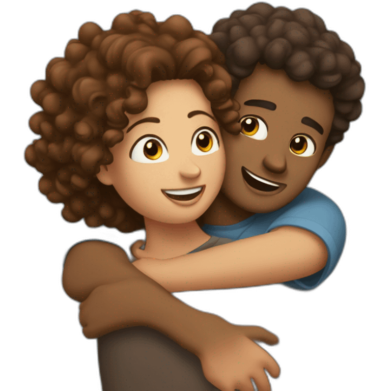 Hug between brown guy and curly brown hair woman emoji