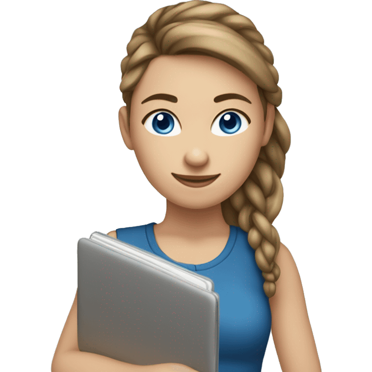 caucasian white IT girl student, holding laptop, blue eyes, brown hair ponytail emoji