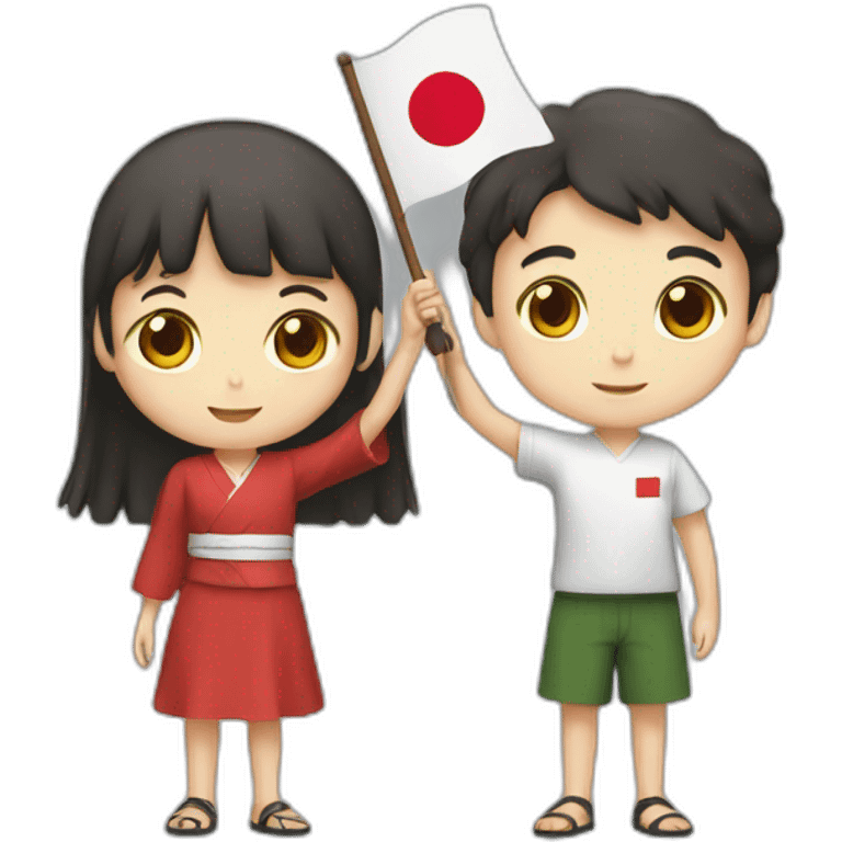 boy and girl holding Japanese flag emoji