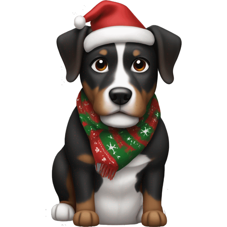 Dog black and brown and white with a christmas scarf emoji