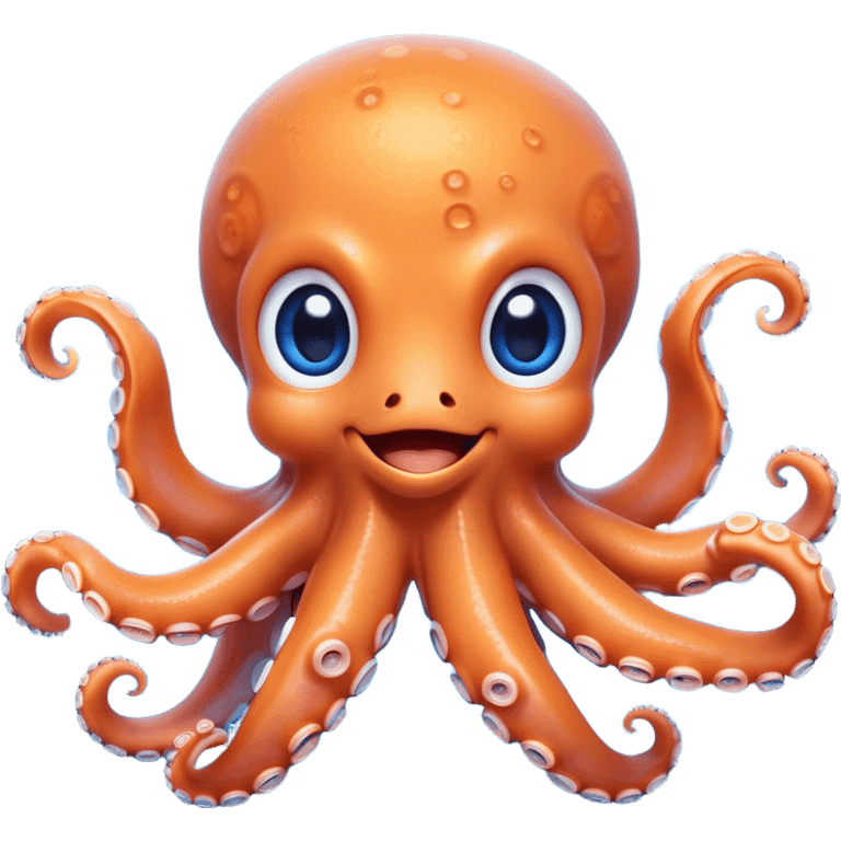 Cinematic Cute smiling Octopus Portrait Emoji, Head tilted playfully and inquisitively, featuring a rounded, light orange body embellished with playful blue rings, eight adorably curling arms, and big, twinkling eyes full of wonder, Simplified yet irresistibly adorable features, highly detailed, glowing with a warm, inviting underwater glow, high shine, affectionate and lively, stylized with a touch of whimsical cartoon charm, soft glowing outline, capturing the essence of a mischievous yet loving octopus that seems as if it could bob out of the screen into your arms! emoji