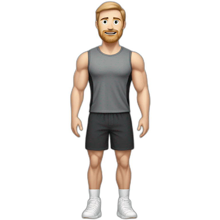 Full height Pale skinned muscular man With Realistic eyes and mouth, light brown hair and stubble In dark gray sleeveless mike, black oversize sports shorts, watch and white sneakers. emoji