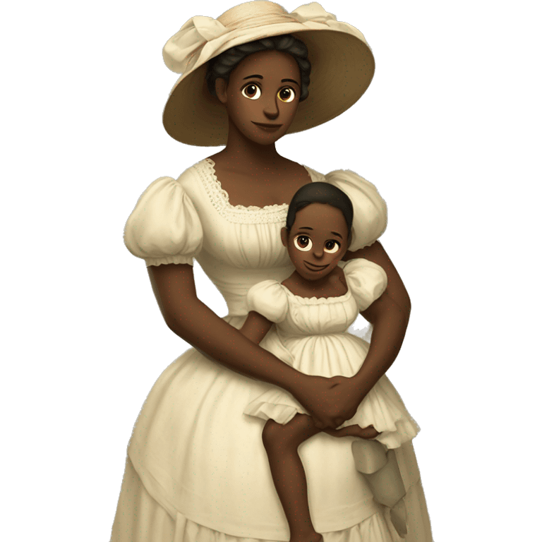 A 19th century woman with a child in her arms. There is a big letter "A" on the dress emoji