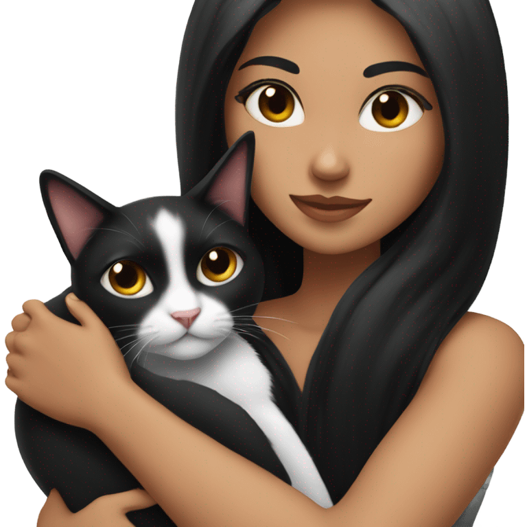 Tanned woman with long black hair hugging a black and white cat  emoji