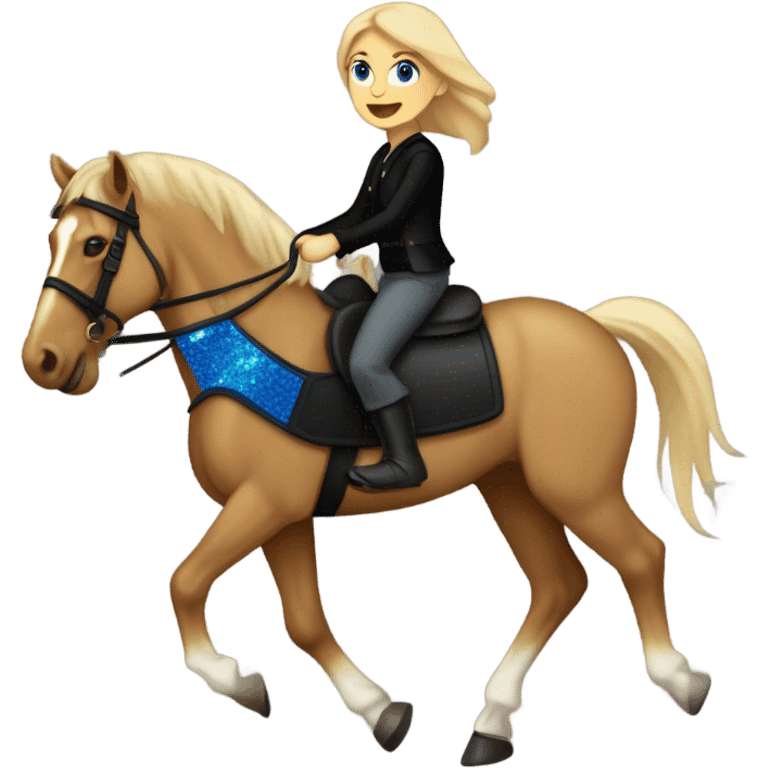  A Palomino horse running with a black sequin rug on his back and a whit rider girl brown hair blue eyes on his back without a helmet dressed in black pants and a vest   emoji