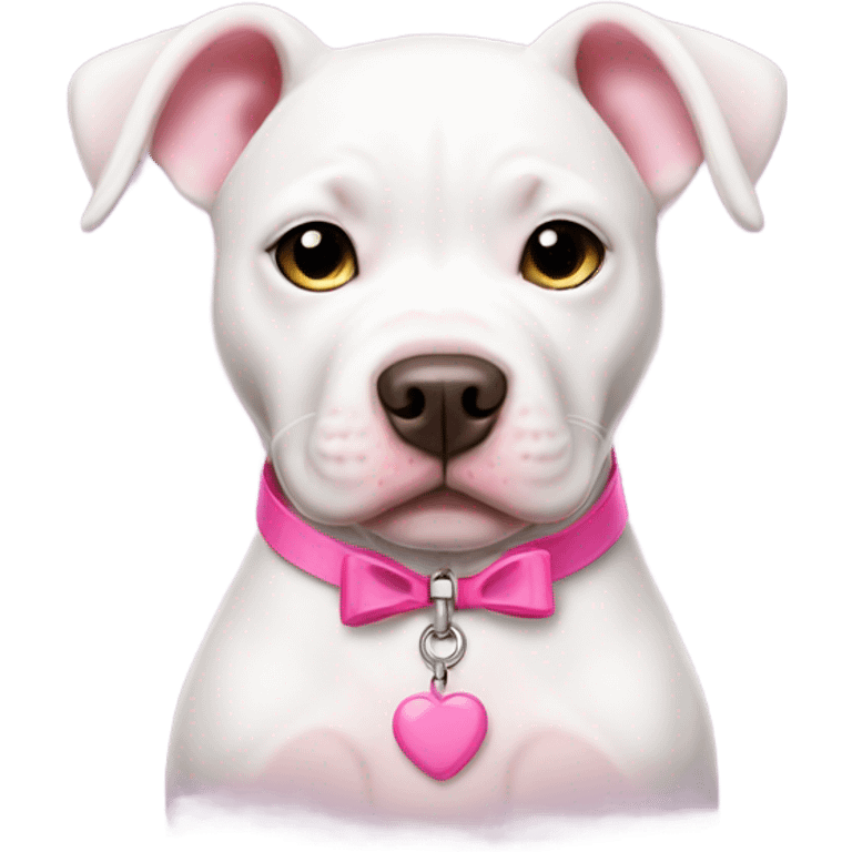 white pitbull puppy with a pink collar and a pink bow emoji